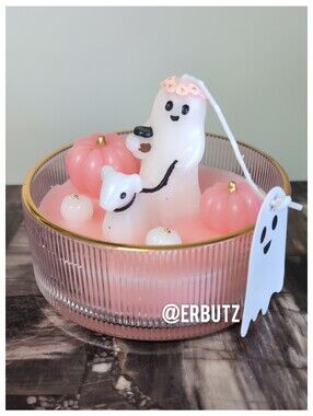 Afternoon Stroll Girl Ghost Walking Dog in Pumpkin Patch Pinkoween Candle 👻🐶